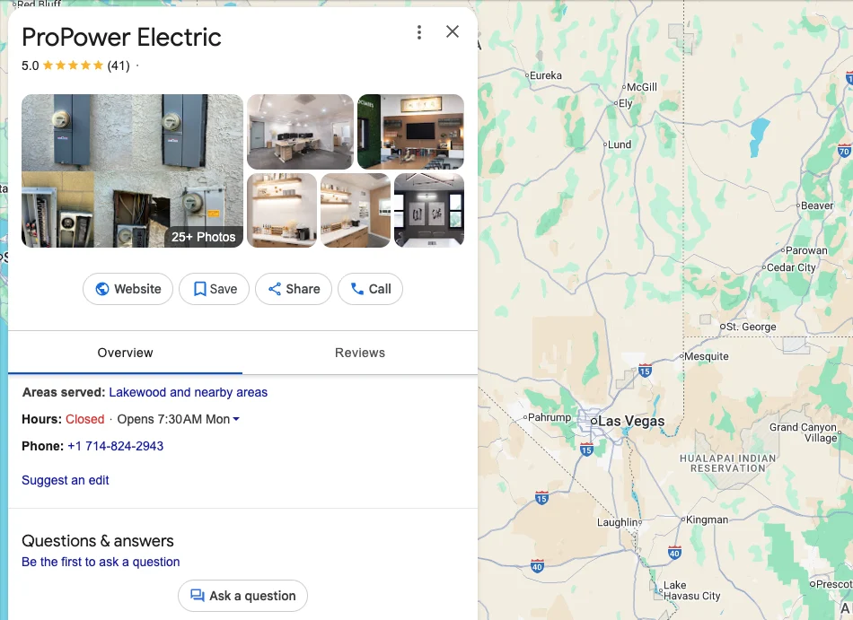 Screenshot of ProPower Electric’s Google Business Profile and map view in Lakewood, CA, shown during a live SEO audit.