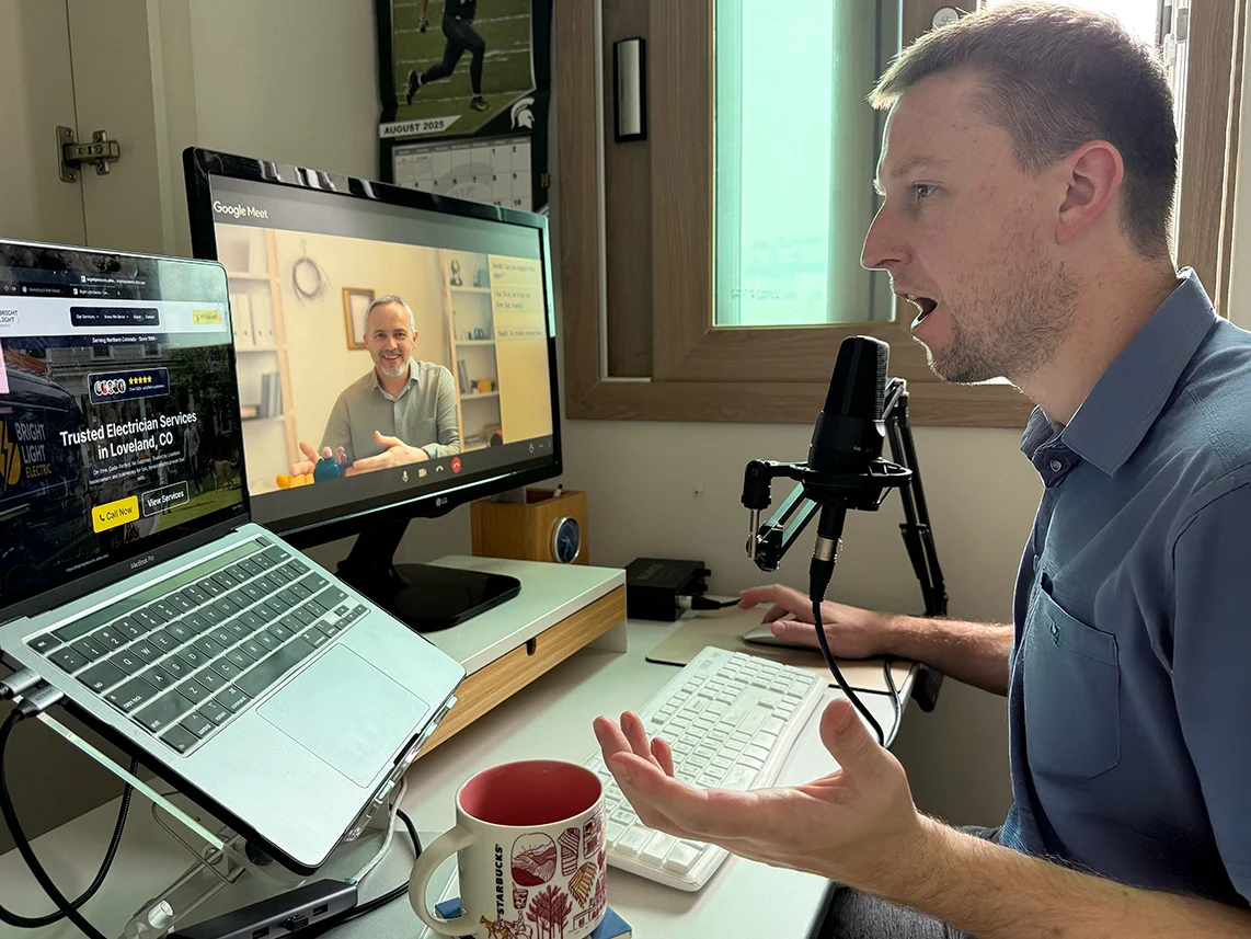 Thomas from qFido on a Google Meet strategy call about electrician marketing