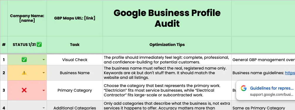 Free Google Business Profile checklist in Google Sheets for reviewing local seo.