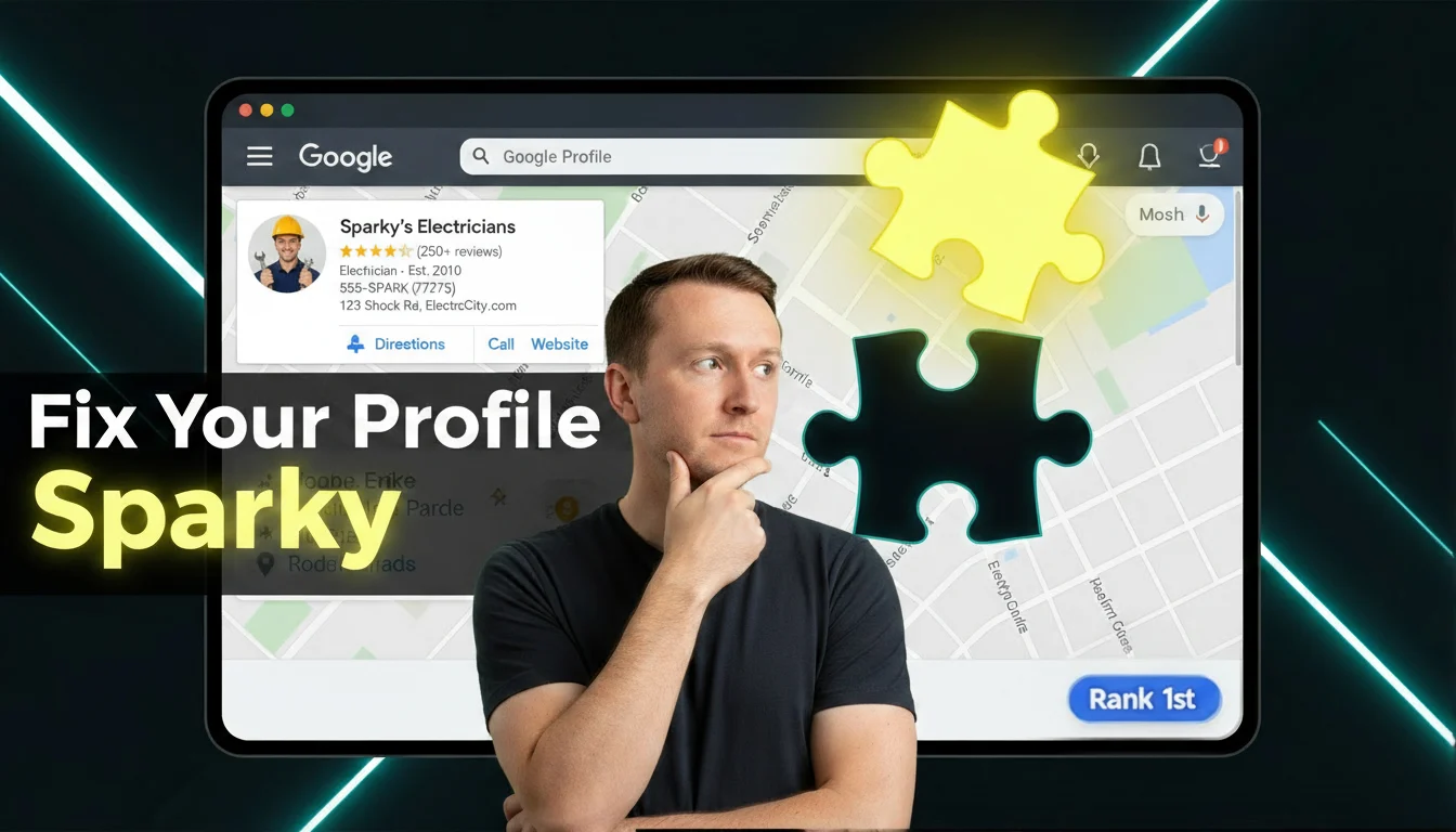 A man looks at a Google Business Profile with a missing puzzle piece and text overlay “fix your profile sparky,” used by qFido to illustrate electrician marketing tips.